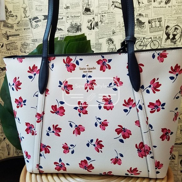 Kate Spade NWT Cara Garden Toss Large Tote Floral White Spring Summer Red pink - Picture 2 of 12